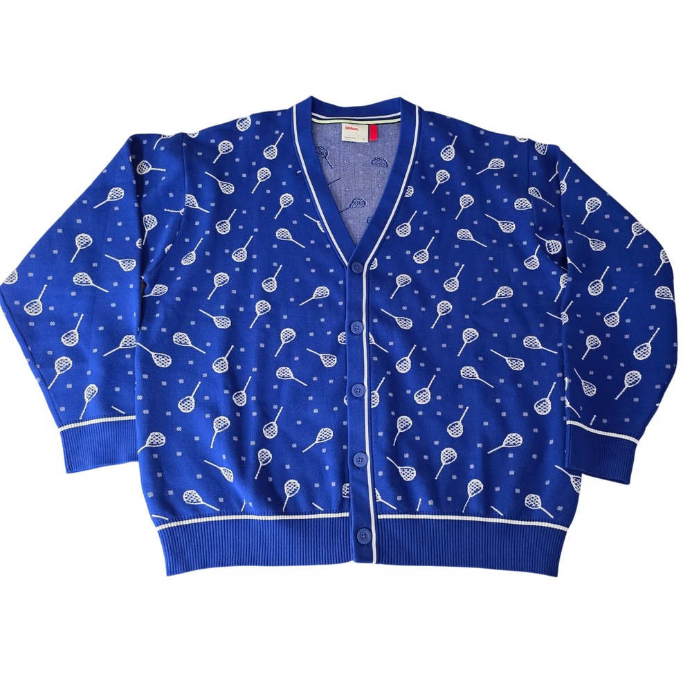 Wilson Throwback Tennis Racket Cardigan Women Large Blue Knit V-Neck Tenniscore